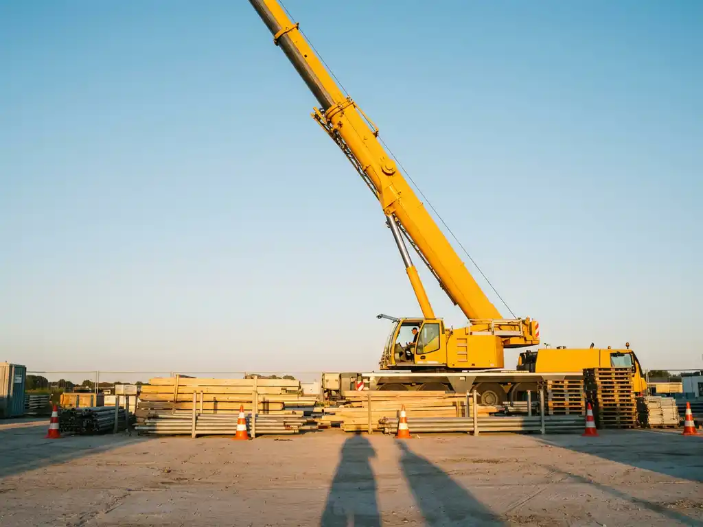 Gele telescopische kraan strekt zich uit tot 50 meter hoogte boven bouwplaats met veiligheidskegels en materialen