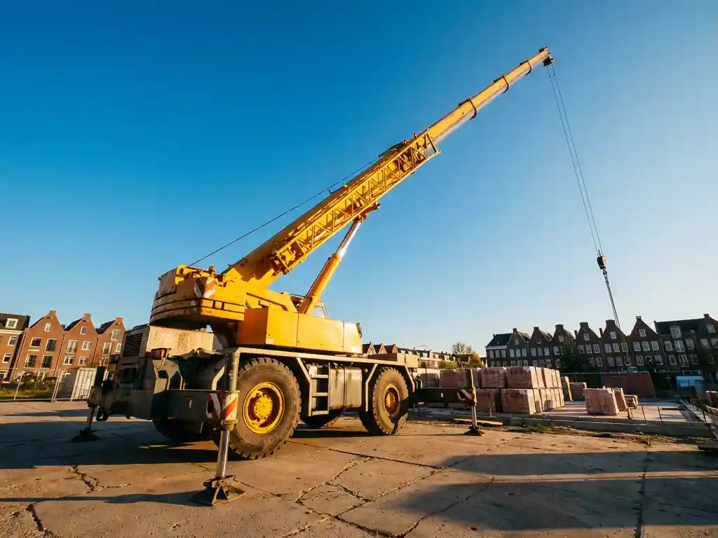 Gele mobiele telescoopkraan met uitgeschoven giek op bouwplaats met bakstenen gebouwen op achtergrond