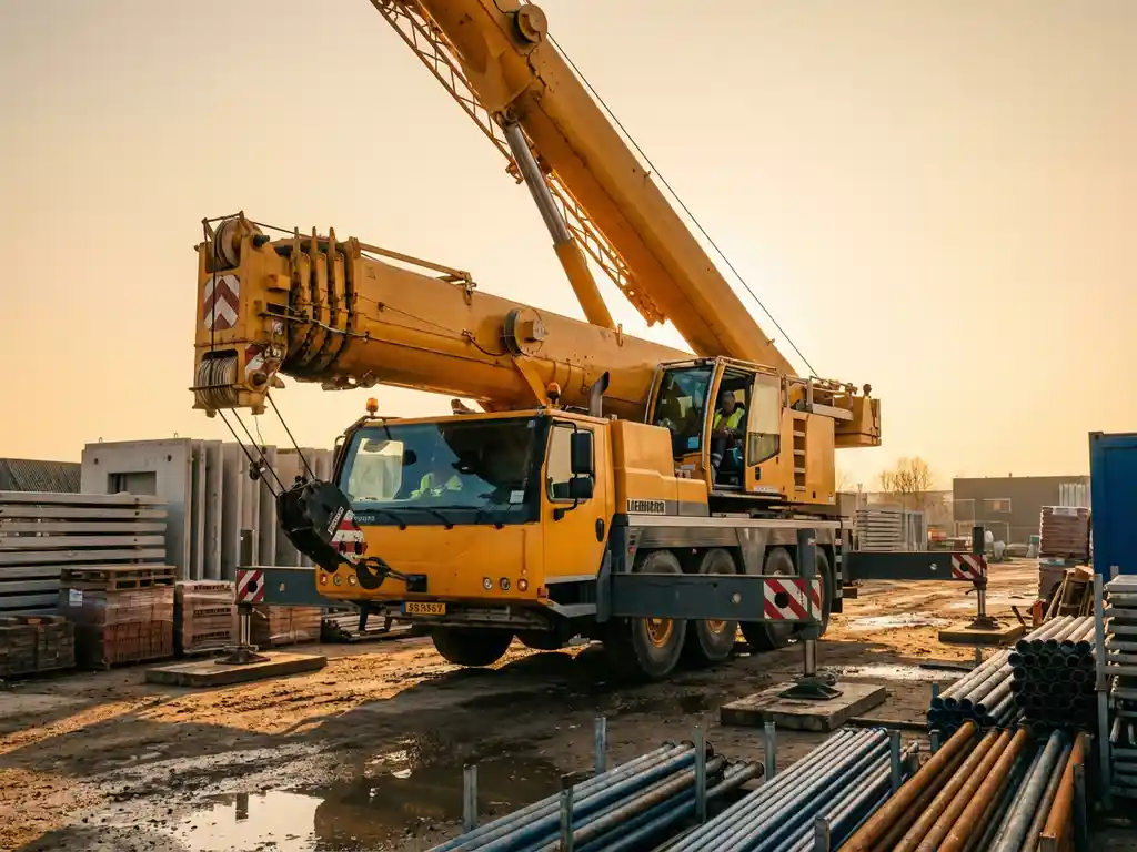 Gele mobiele telescoopkraan met uitgeschoven giek op Nederlandse bouwplaats met betonpanelen tijdens gouden uur