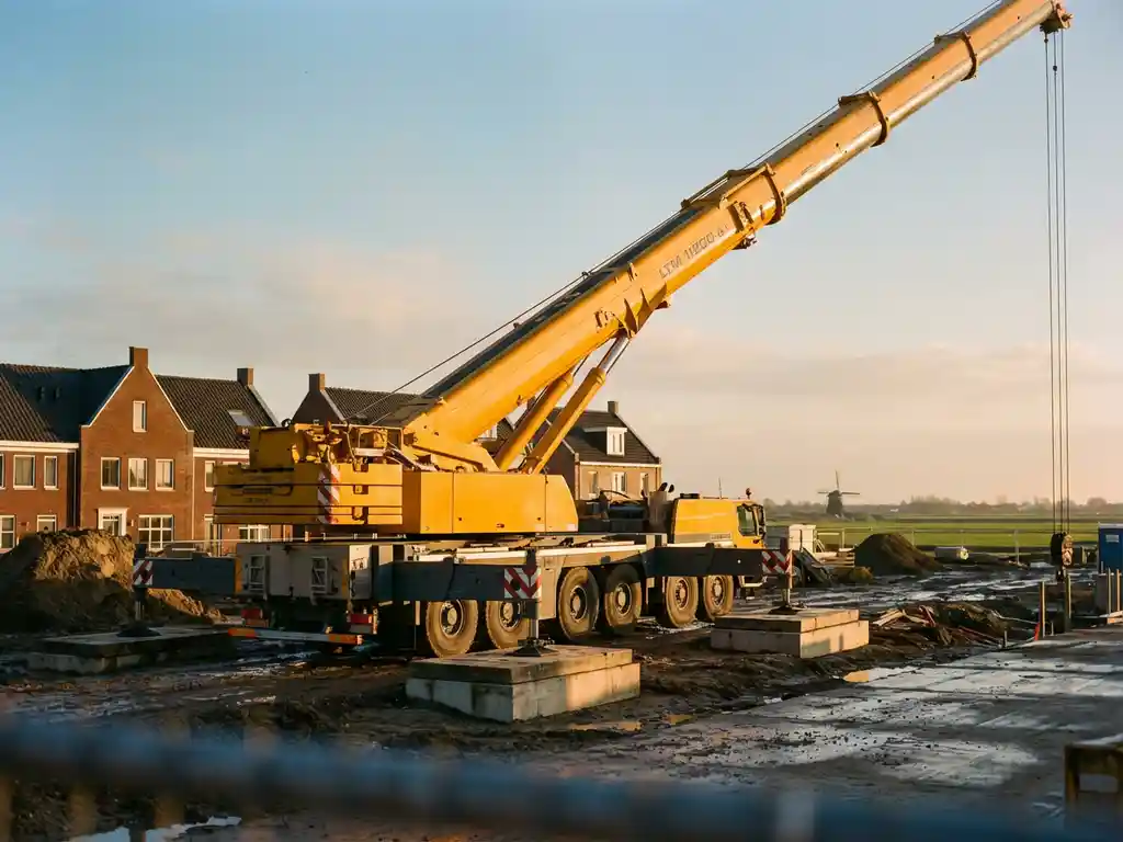 Gele mobiele telescoopkraan met uitgeschoven giek op Nederlandse bouwplaats tijdens gouden uur