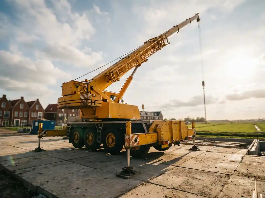 Gele mobiele telescoopkraan met uitgeschoven giek op Nederlandse bouwplaats tussen bakstenen gebouwen