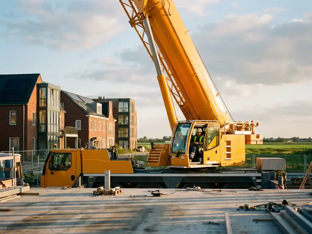 Gele telescoopkraan met uitgeschoven giek op Nederlandse bouwplaats, operator in cabine, moderne woningen op achtergrond