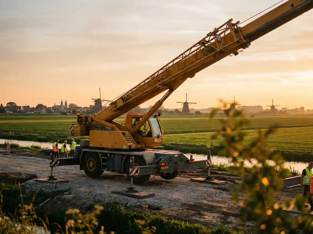 Gele mobiele telescoopkraan met uitgeschoven giek op Nederlandse bouwplaats met groene velden en windmolens op achtergrond