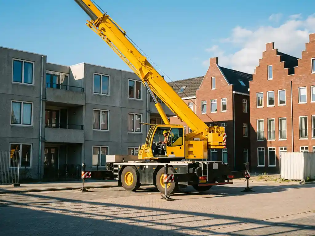 Gele mobiele telescoopkraan met uitgeschoven giek op Nederlandse bouwplaats, operator in cabine zichtbaar