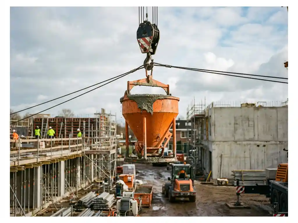 Oranje betonkubel hangend aan kraanhaak boven Nederlandse bouwplaats, met gestort beton zichtbaar aan de rand en gespannen staalkabels.