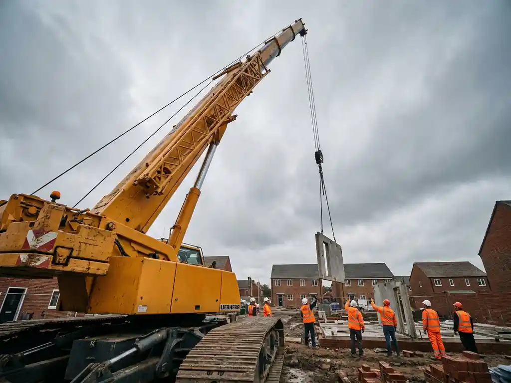 Mobiele kraan met gele giek tilt betonnen element op Nederlandse woningbouwlocatie, arbeiders in veiligheidsvesten kijken toe.