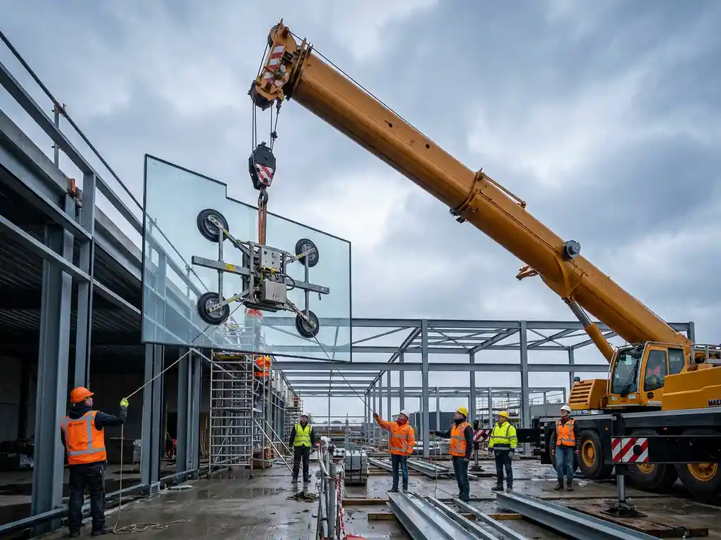 Groot glazen paneel gehesen door vacuümliftinstallatie aan gele mobiele kraan op Nederlandse bouwplaats, arbeiders in veiligheidsvesten begeleiden glas in stalen gevel.