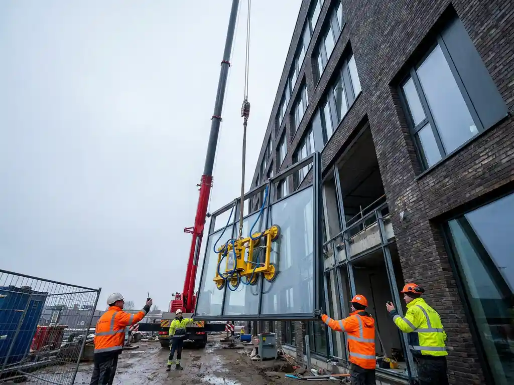 Glazen gevel paneel gehesen door gele vacuümlift aan kraanarm, bouwvakkers in hesjes begeleiden plaatsing op Nederlands bedrijfsgebouw.