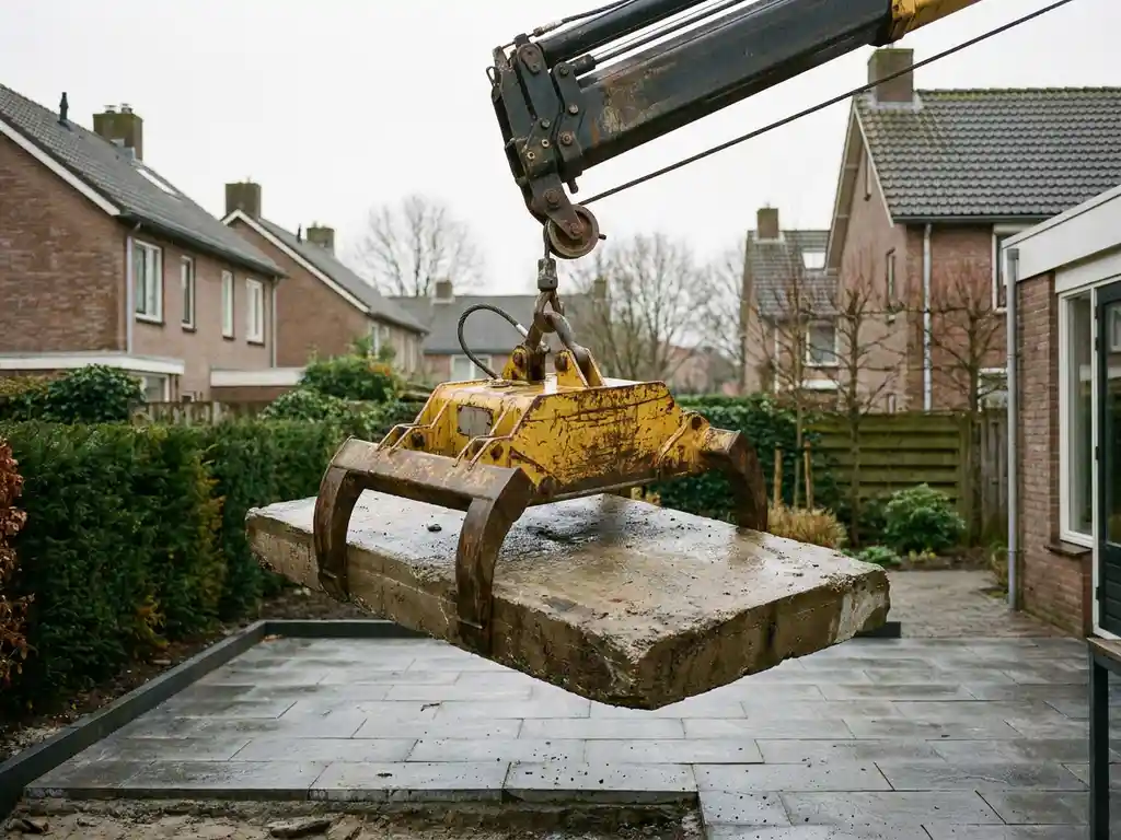 Kraanmagneet tilt betonnen terrastegel op boven Nederlandse tuin, grijze tegels al gelegd op terras eronder.
