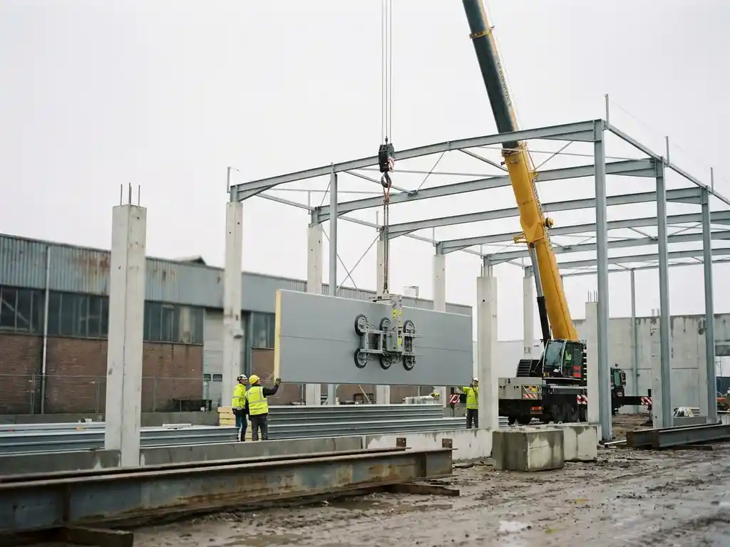 Mobiele kraanarm heft sandwichpaneel met vacuümlift op Nederlandse bouwplaats, staalconstructie op de achtergrond.