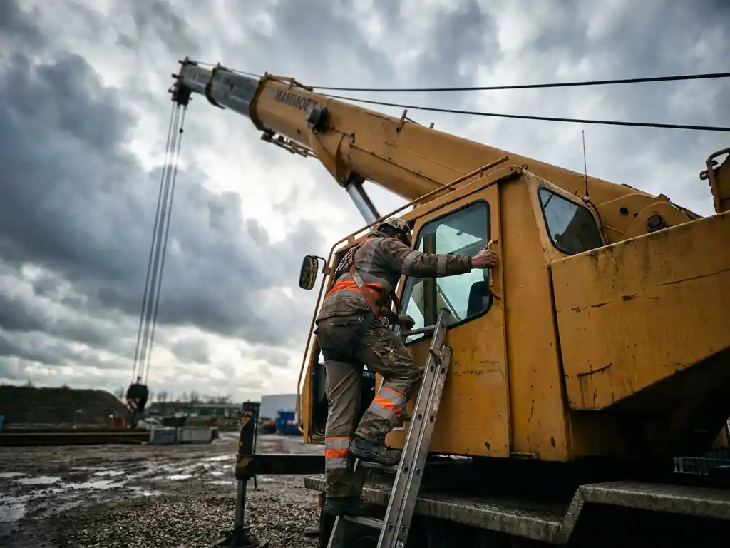 Kraanmachinist beklimt de cabine van een grote gele mobiele telescoopkraan op een Nederlandse bouwplaats, met staalkabels en giek tegen bewolkte lucht.