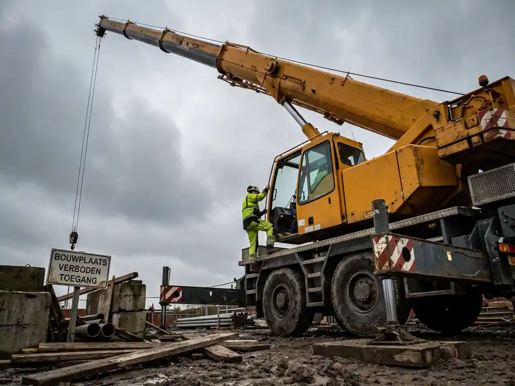 Kraanmachinist beklimt de cabine van een grote gele telescoopkraan op Nederlandse bouwplaats, stalen giek reikt hoog tegen bewolkte lucht.