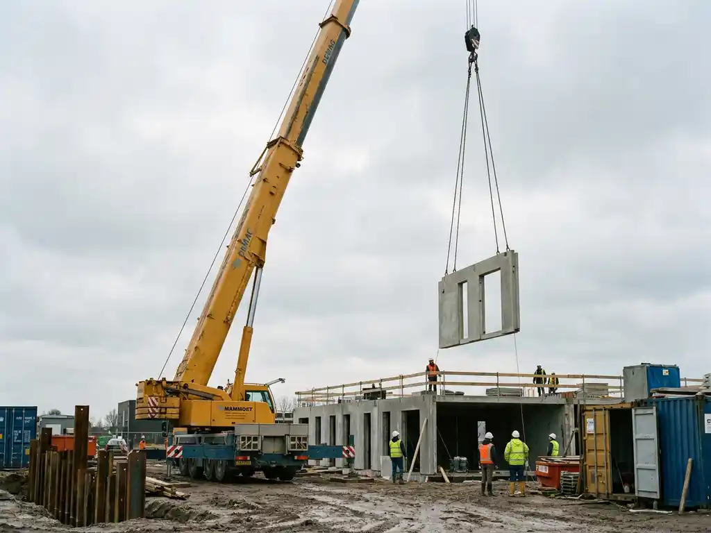 Gele mobiele kraan tilt betonnen element omhoog op Nederlandse bouwplaats, strakgespannen kabel, bewolkte lucht.