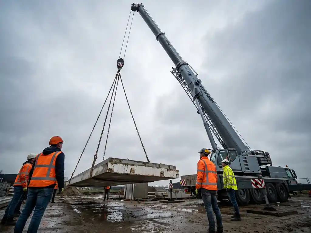 Mobiele kraan heft betonnen element op Nederlandse bouwplaats, arbeiders in fluohesjes kijken toe onder bewolkte lucht.