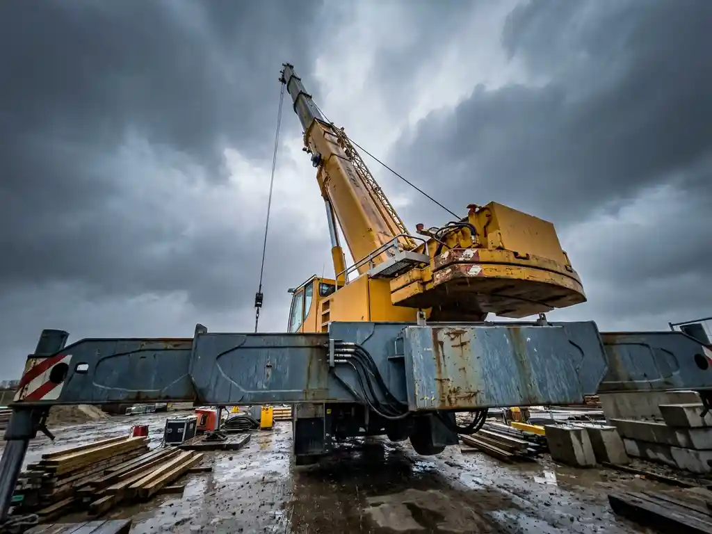 Mobiele torenkraan op Nederlandse bouwplaats, gele en grijze stalen arm hoog opgeheven tegen bewolkte lucht, modderige grond met bouwmaterialen.