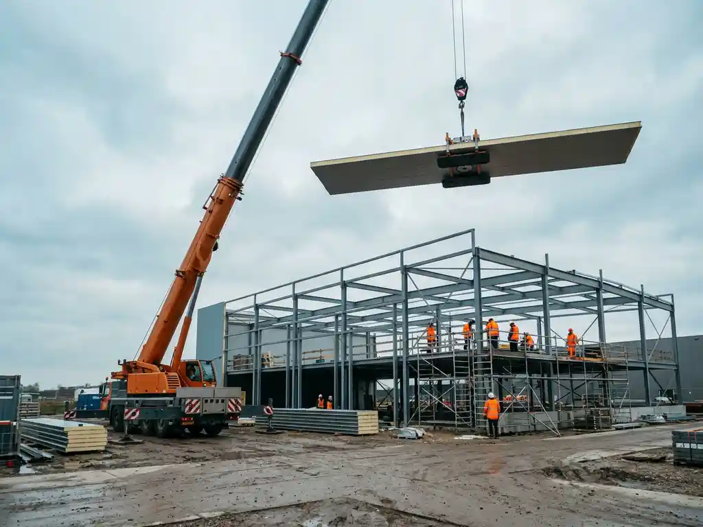 Mobiele telescoopkraan tilt sandwichpaneel op Nederlandse bouwplaats, arbeiders in veiligheidsvesten op steiger, staalconstructie op achtergrond.