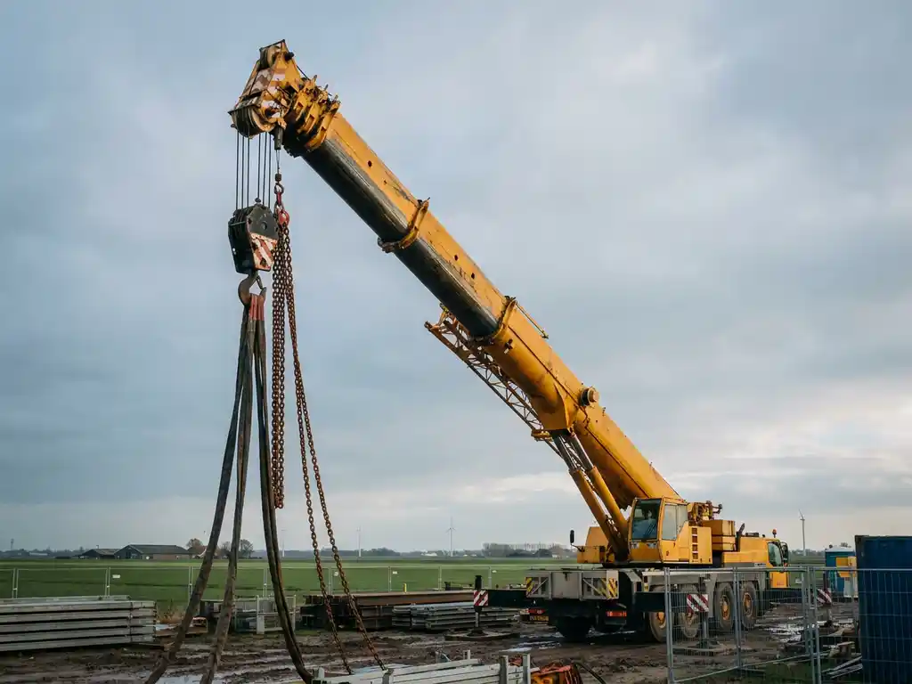Mobiele kraan met uitgeschoven telescoopboom op Nederlandse bouwplaats, stalen hijsketens en textielbanden aan de haak.
