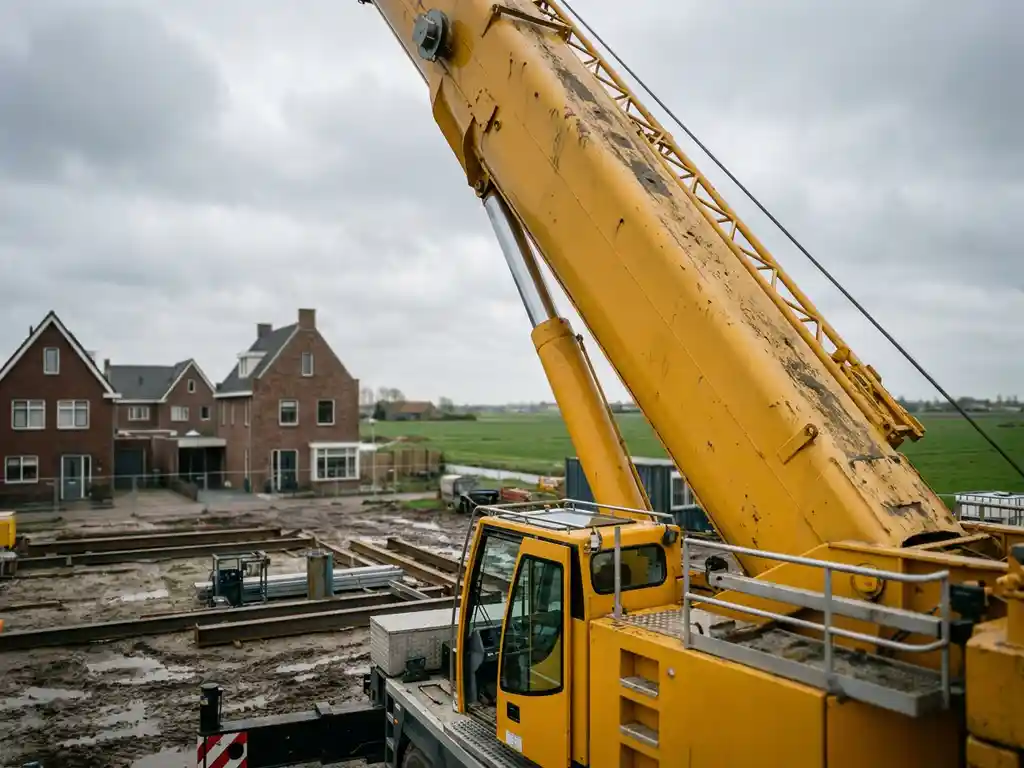 Gele mobiele kraan met uitgeschoven telescoopgiek boven Nederlandse bouwplaats, bakstenen gebouwen en polderlandschap op de achtergrond.