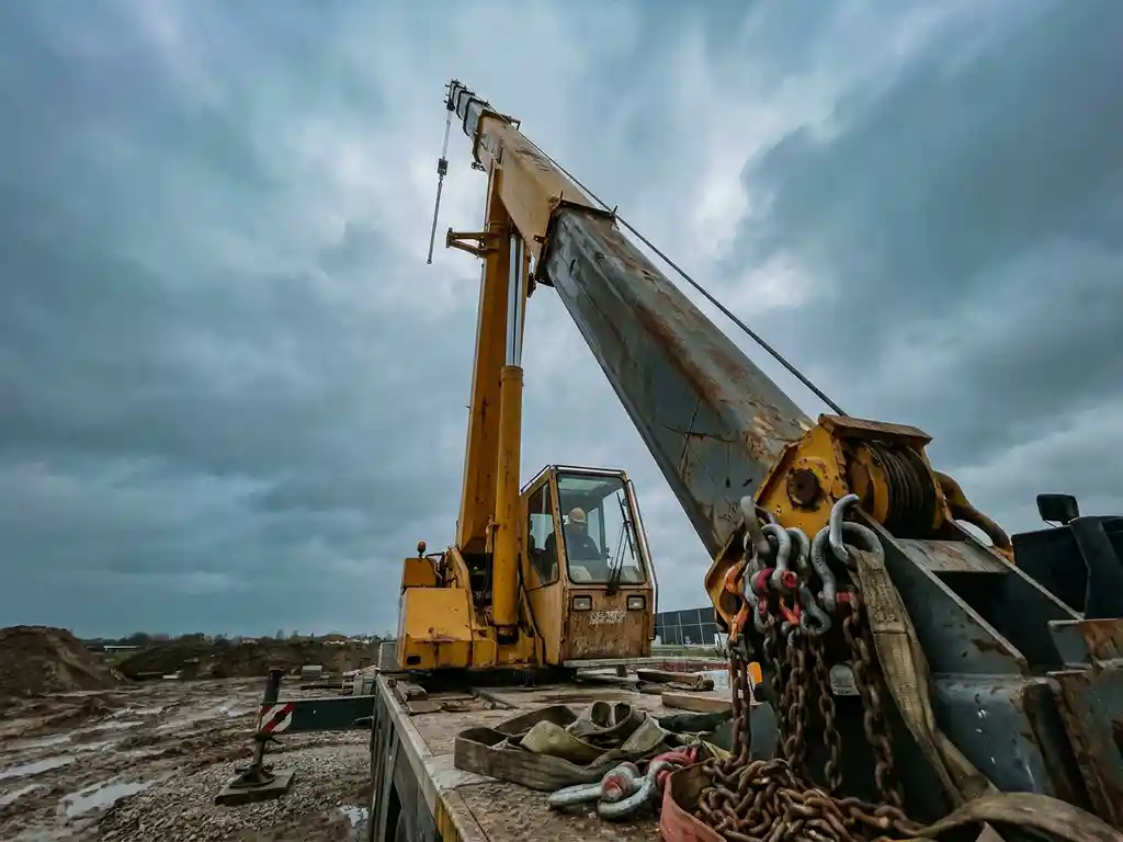 Gele telescopische mobiele kraan op Nederlandse bouwplaats, cabine zichtbaar, lage camerahoek benadrukt hoogte tegen bewolkte lucht.