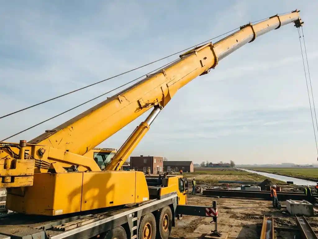 100-tons mobiele telescopische kraan volledig uitgestrekt boven Nederlands bouwterrein, gele giek reikt naar blauwe lucht.