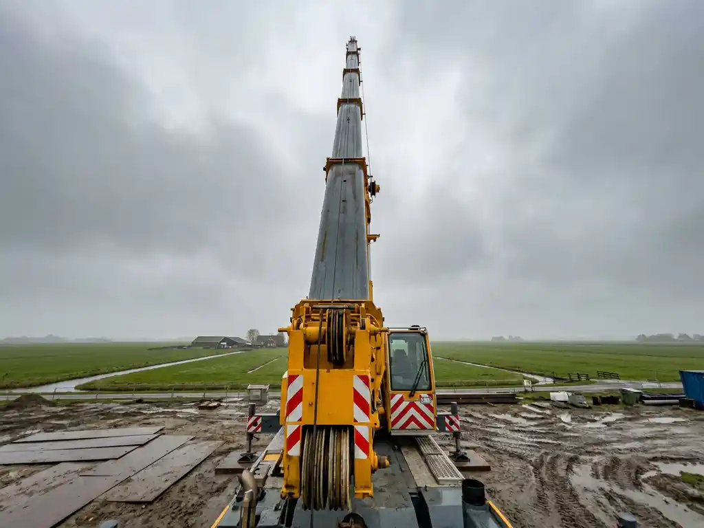 Mobiele telescopische kraan met uitgestrekte giek boven Nederlands bouwterrein, lage camerahoek benadrukt schaal tegen bewolkte lucht.