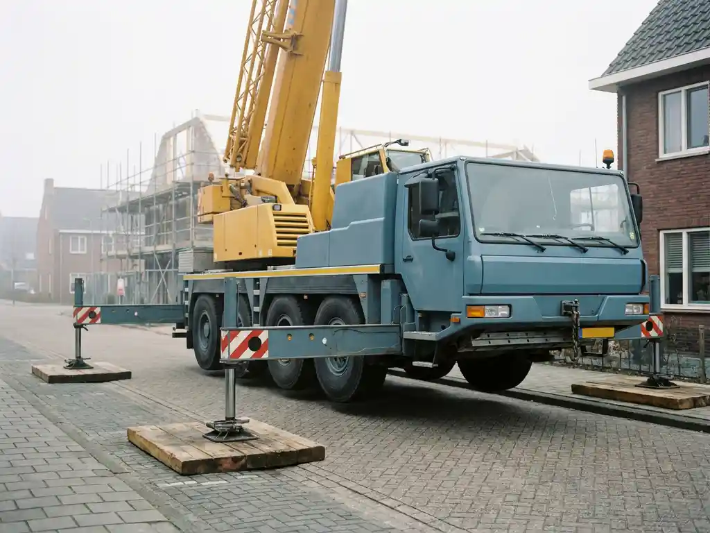 Mobiele telescopische kraan met uitgeschoven steunpoten op houten platen in een Nederlandse woonstraat, bouwplaats op de achtergrond.