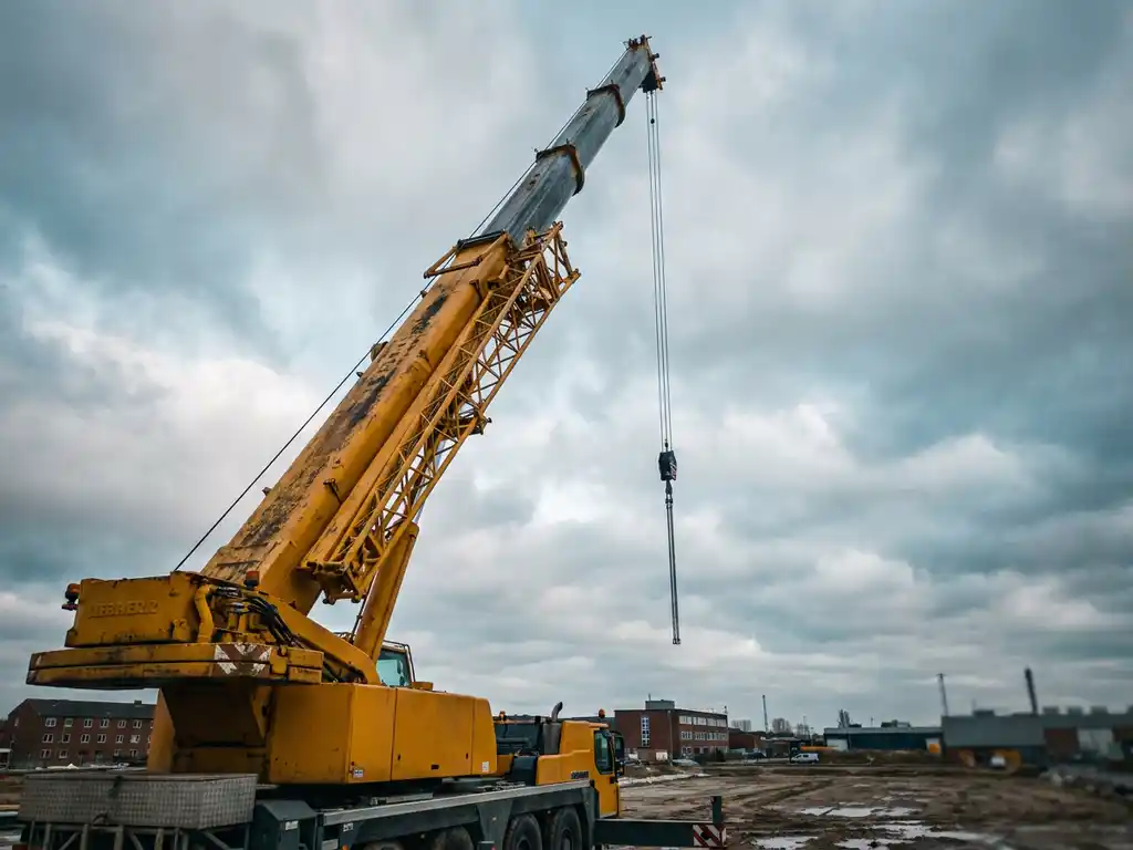 Gele mobiele telescoopkraan volledig uitgestrekt op Nederlandse bouwplaats onder bewolkte lucht met lage gebouwen aan de horizon.