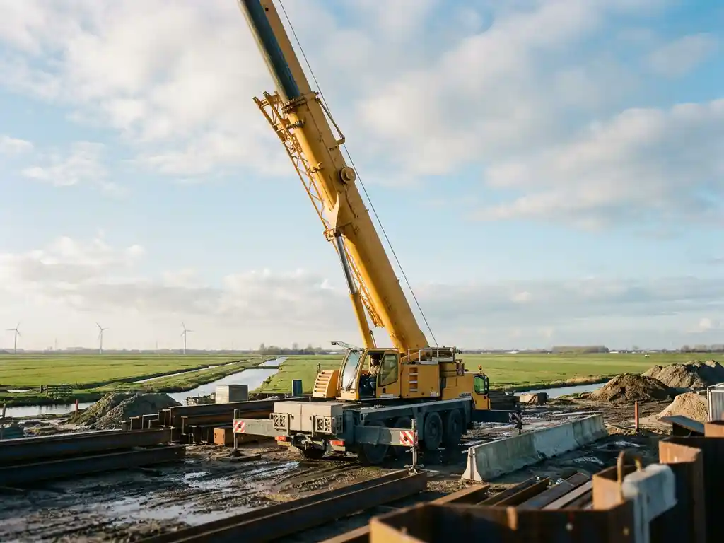 Gele mobiele telescopische kraan met uitgestrekte giek boven een Nederlandse bouwplaats, met polderland en bewolkte lucht op de achtergrond.