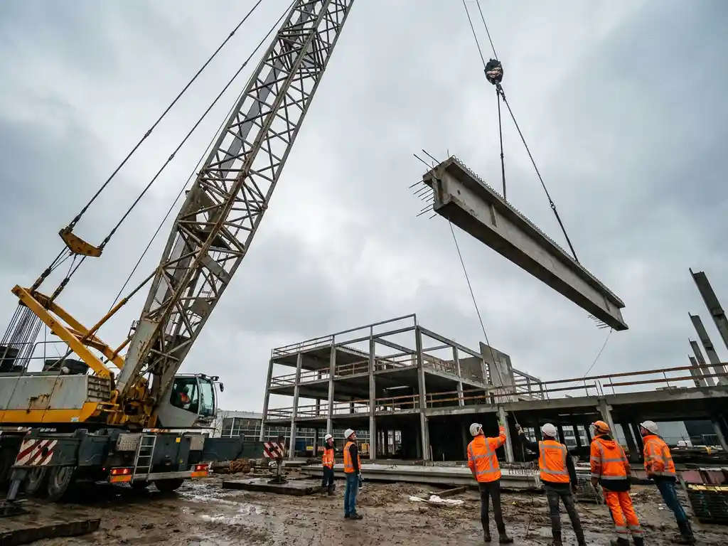 Mobiele torenkraan tilt betonnen element omhoog boven Nederlandse bouwplaats, arbeiders in veiligheidsuitrusting zichtbaar onderaan.