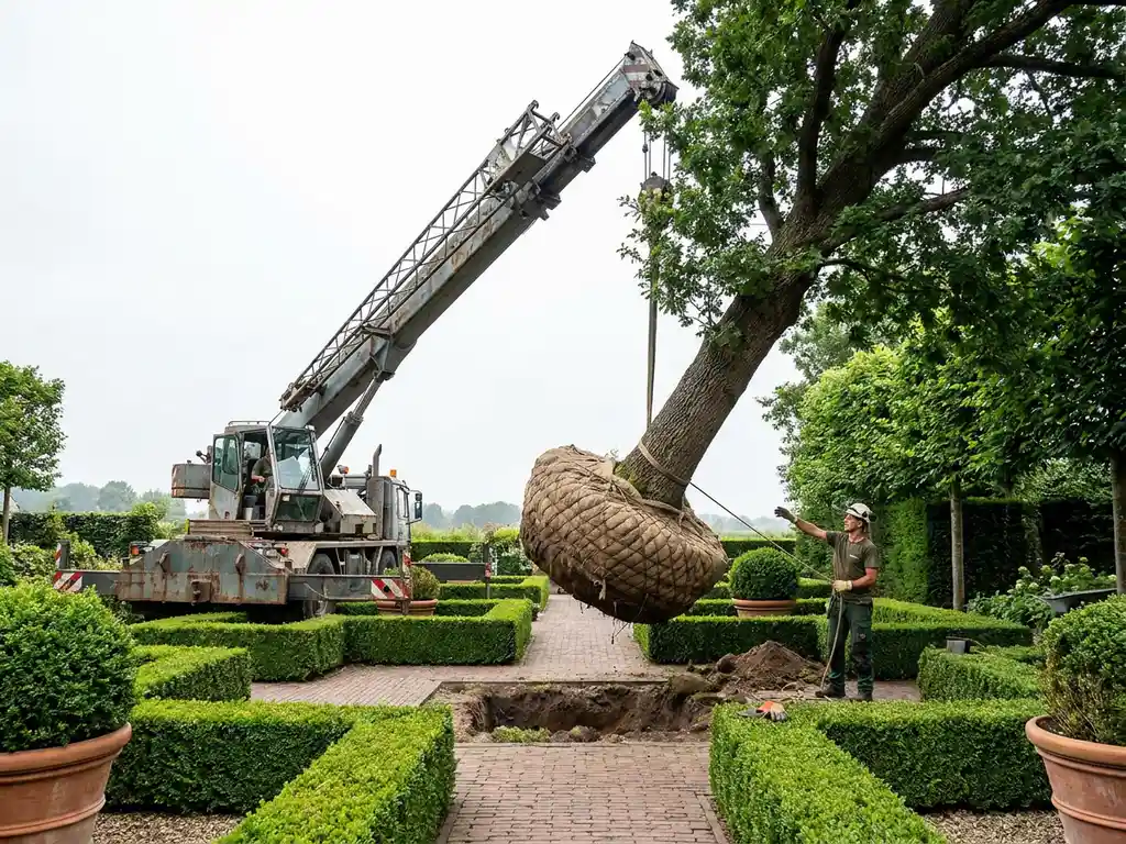 Mobiele kraan tilt volwassen boom met jutezak omwikkelde kluit boven Nederlandse tuin, hovenier begeleidt plaatsing tussen strak gesnoeide hagen.