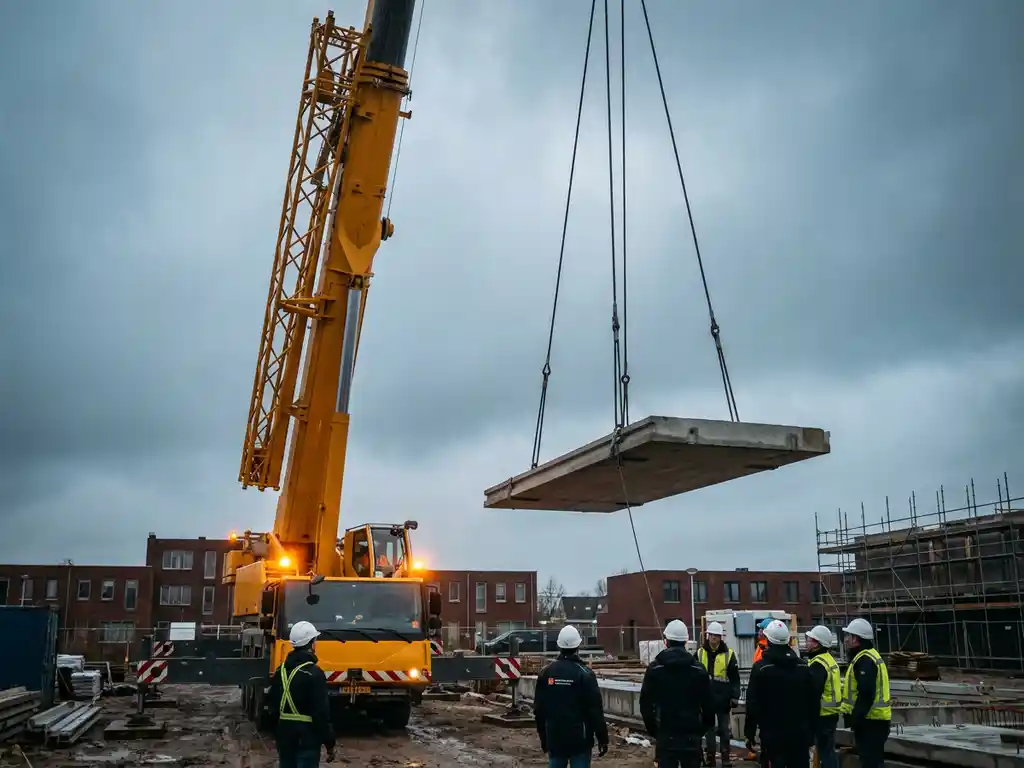 Mobiele kraanboom heft betonnen last aan staalkabels boven bouwplaats, arbeiders met helmen op de voorgrond onder bewolkte lucht.