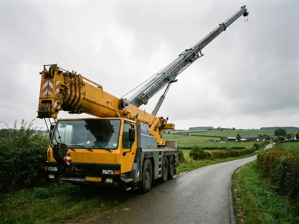 Gele autolaadkraan met uitgeschoven giek geparkeerd langs een landweg in Limburg, groene weilanden op de achtergrond.