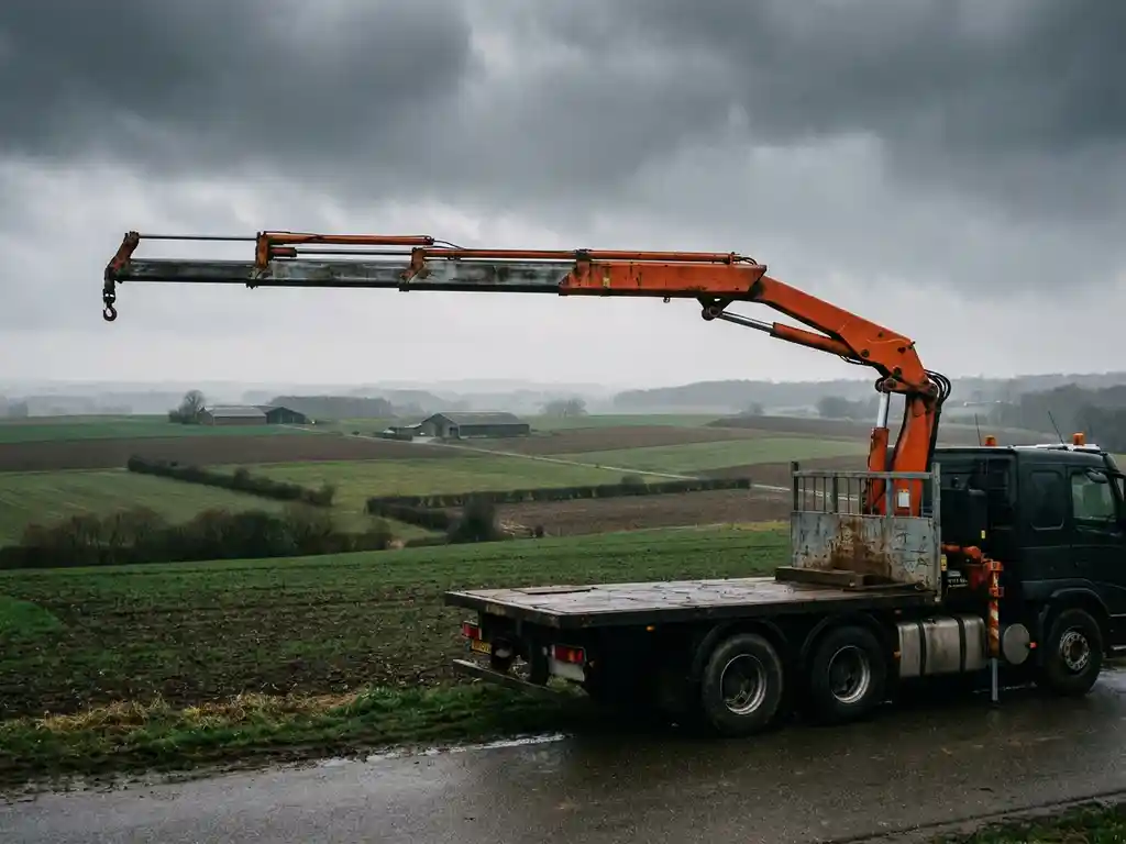 Laadkraan op vrachtwagen met volledig uitgestrekte giek tegen bewolkte Limburgse lucht, glooiend agrarisch landschap op achtergrond.