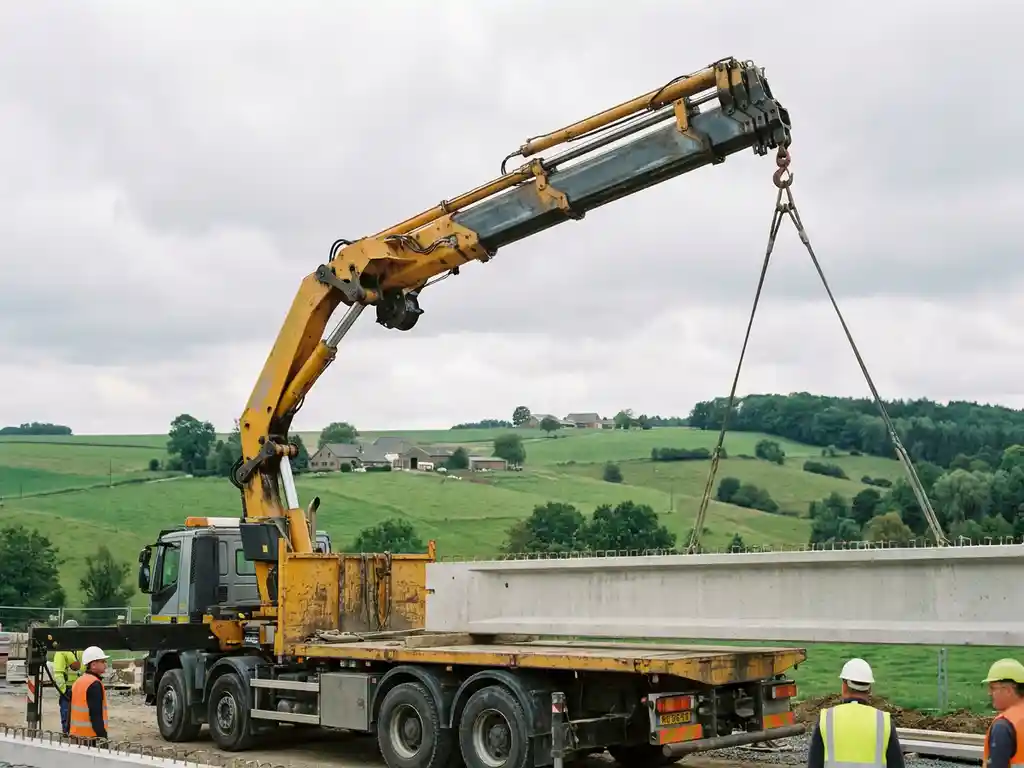 Vrachtwagenkraan tilt betonnen element op Limburgse bouwplaats, hydraulische arm volledig uitgestrekt tegen bewolkte lucht.