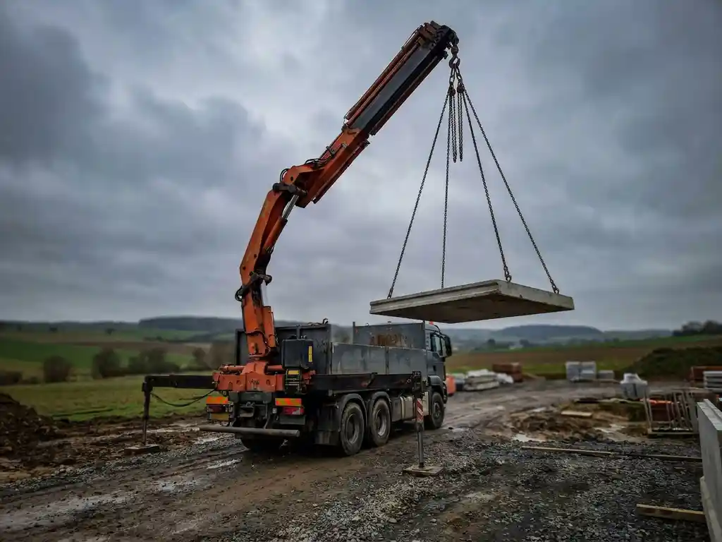 Vrachtwagenkraan met uitgeschoven giek tilt betonnen last aan hijsketens op Limburgse bouwplaats onder bewolkte lucht.