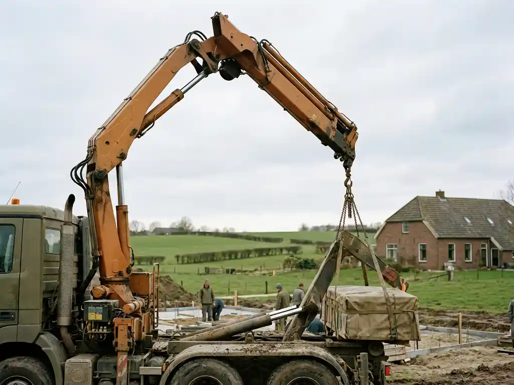 Vrachtwagenkraan met uitgeschoven giekarm tilt zware last op landelijk werkterrein in Limburg, bakstenen boerderij op achtergrond.