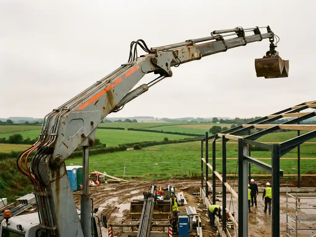 Vrachtwagenkraan strekt zijn giek uit boven een Limburgse bouwplaats, omgeven door groen Hollands boerenland onder bewolkte lucht.