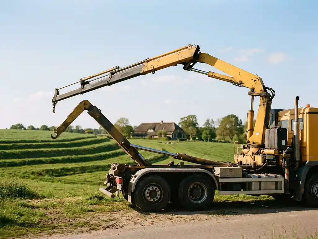 Vrachtwagenkraan met uitgeschoven telescooparm boven glooiend Limburgs heuvellandschap, traditionele boerderij op de achtergrond.