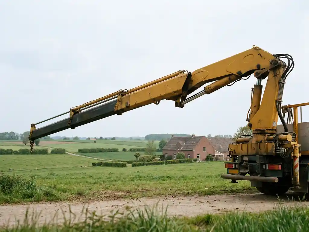 Vrachtwagenkraan met volledig uitgeschoven telescoopgiek boven Limburgs landschap met groene weiden en bakstenen boerderij.