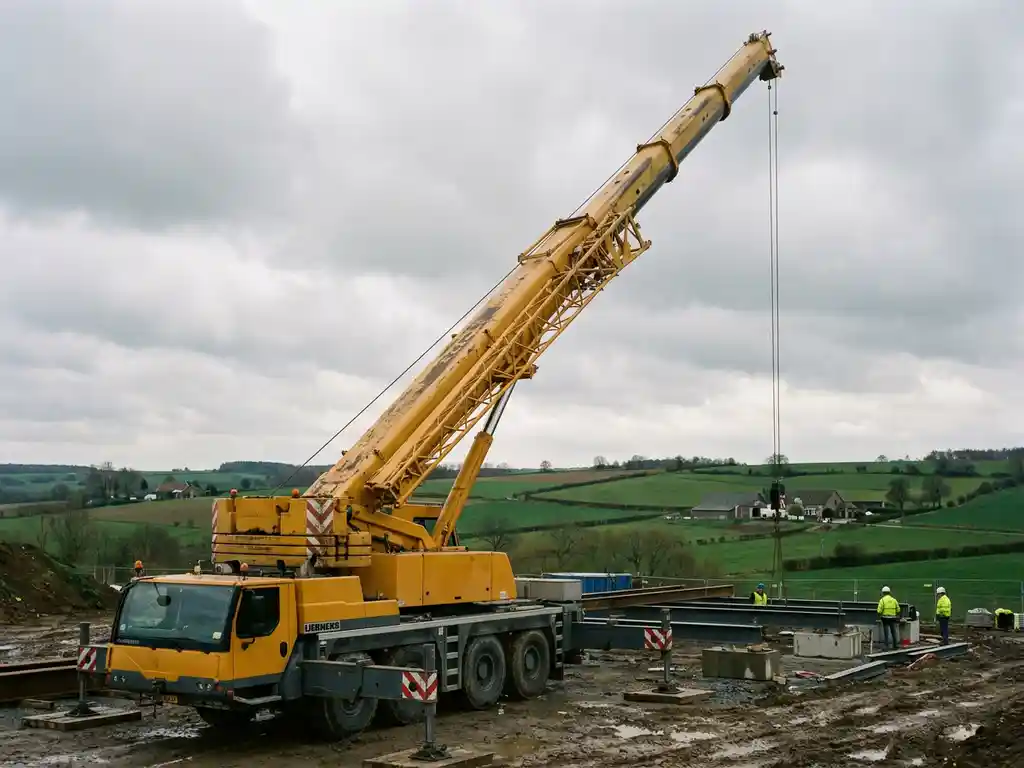 Gele mobiele kraan met uitgeschoven telescoopboom op Nederlandse bouwplaats in Limburg, gefotografeerd vanuit lage hoek.