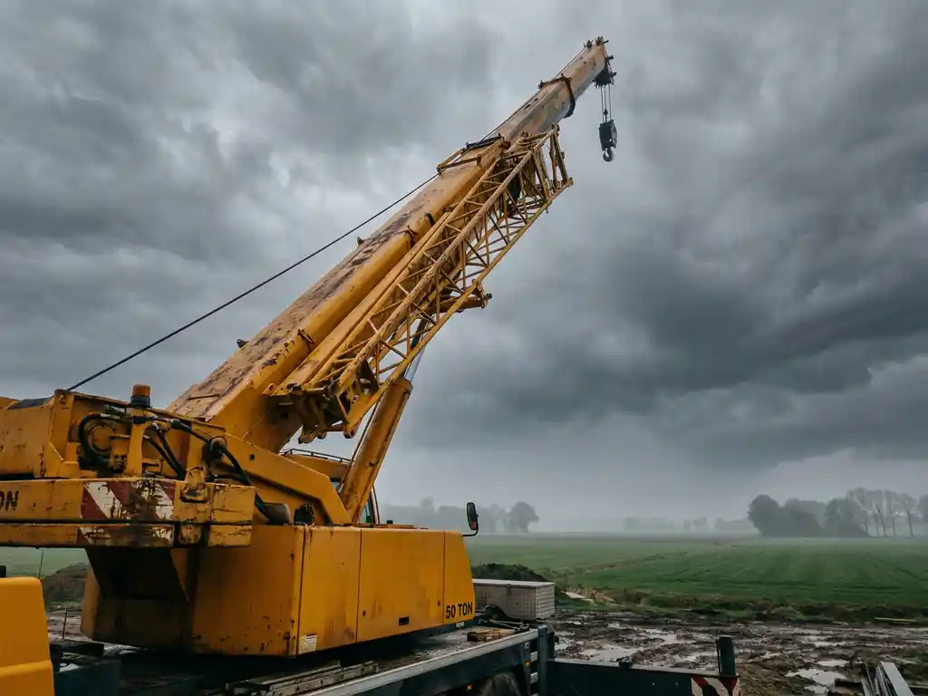 50-tons mobiele kraan met uitgeschoven telescoopboom boven Limburgs agrarisch landschap onder bewolkte lucht.