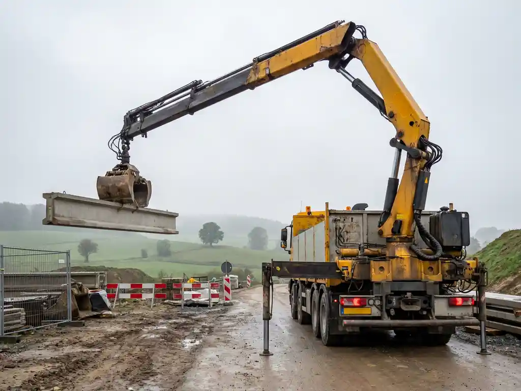 Vrachtwagenkraan tilt betonnen element op Limburgse bouwplaats, groene heuvels op de achtergrond onder bewolkte lucht.