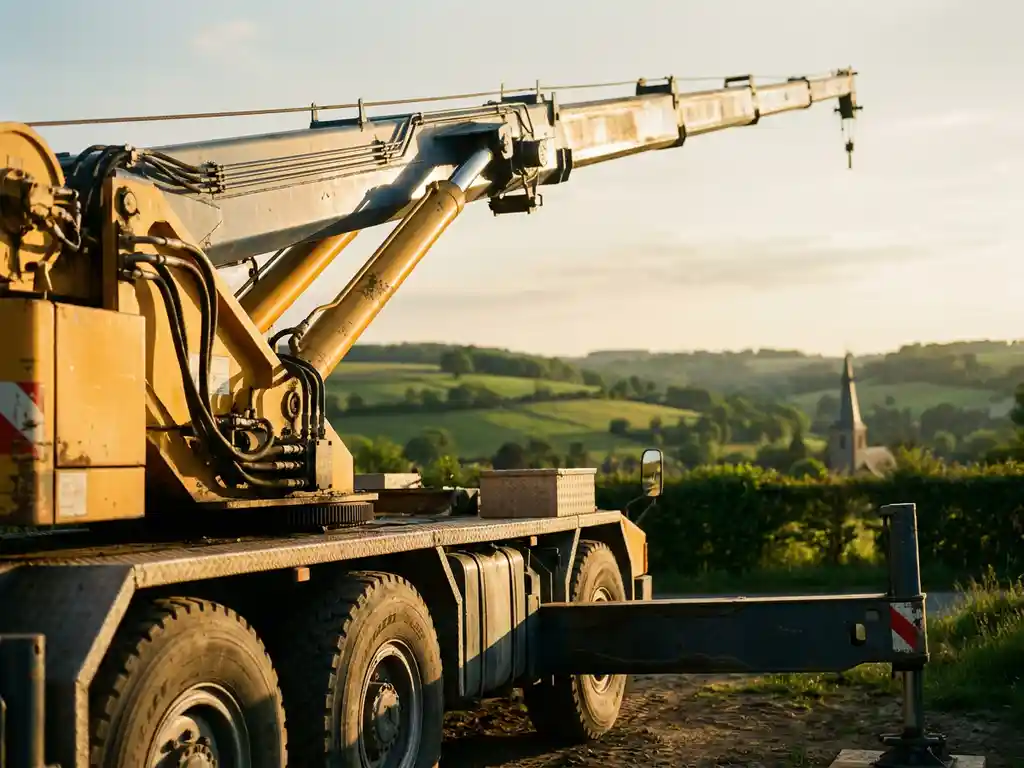 Vrachtwagenkraan met gele hydraulische arm reikt omhoog boven het glooiende Limburgse landschap met kerkspits op de achtergrond.