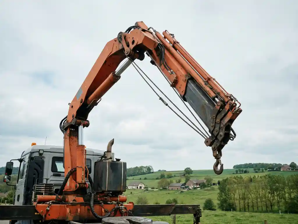 Vrachtwagen-gemonteerde laadkraan in vol bereik boven het glooiende Limburgse landschap, oranje en grijze uitvoering, hydraulische giek gestrekt naar bewolkte lucht.