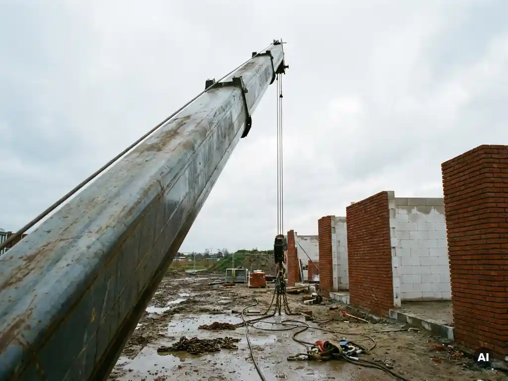 Telescopische kraan boven Nederlandse bouwplaats, gericht op bewolkte lucht, met gedeeltelijk gemetselde structuur en modderige grond.