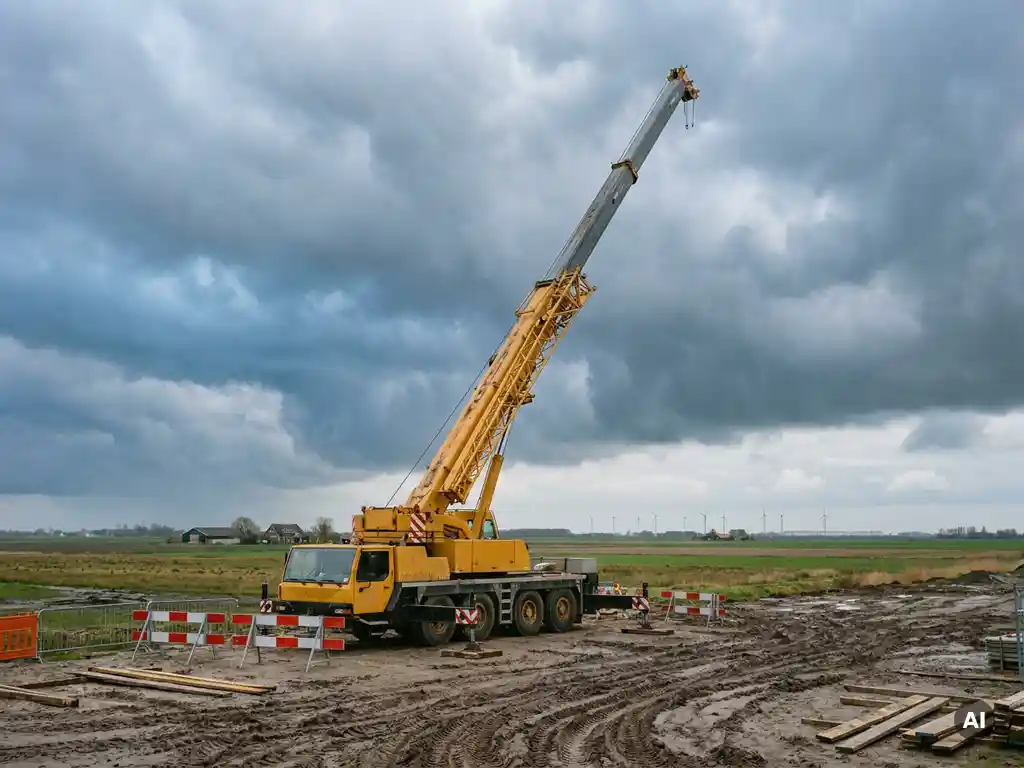 Gele mobiele telescoopkraan met uitgestrekte giek op een bouwterrein in de Nederlandse polder onder bewolkte lucht.